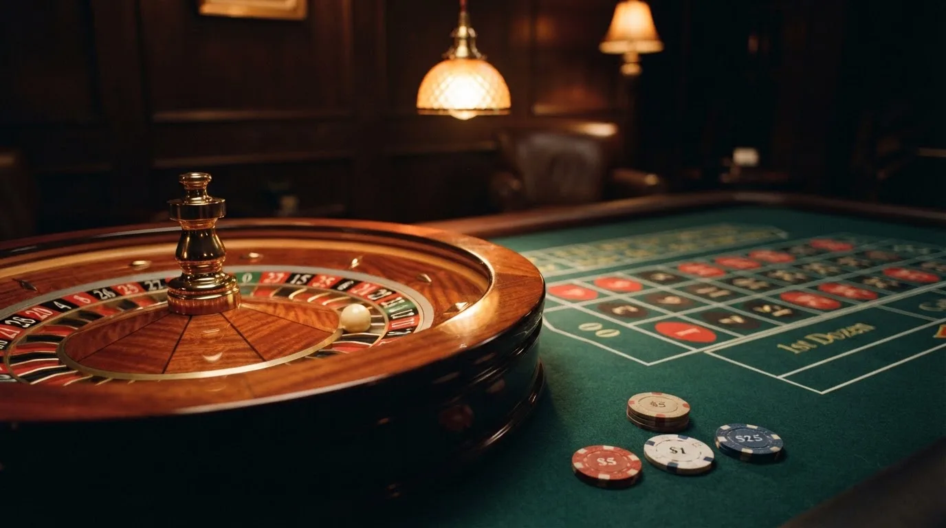 Roulettehjul och spelmarker på grön filt i varmt kvällsljus — 10 euro casino i sverige