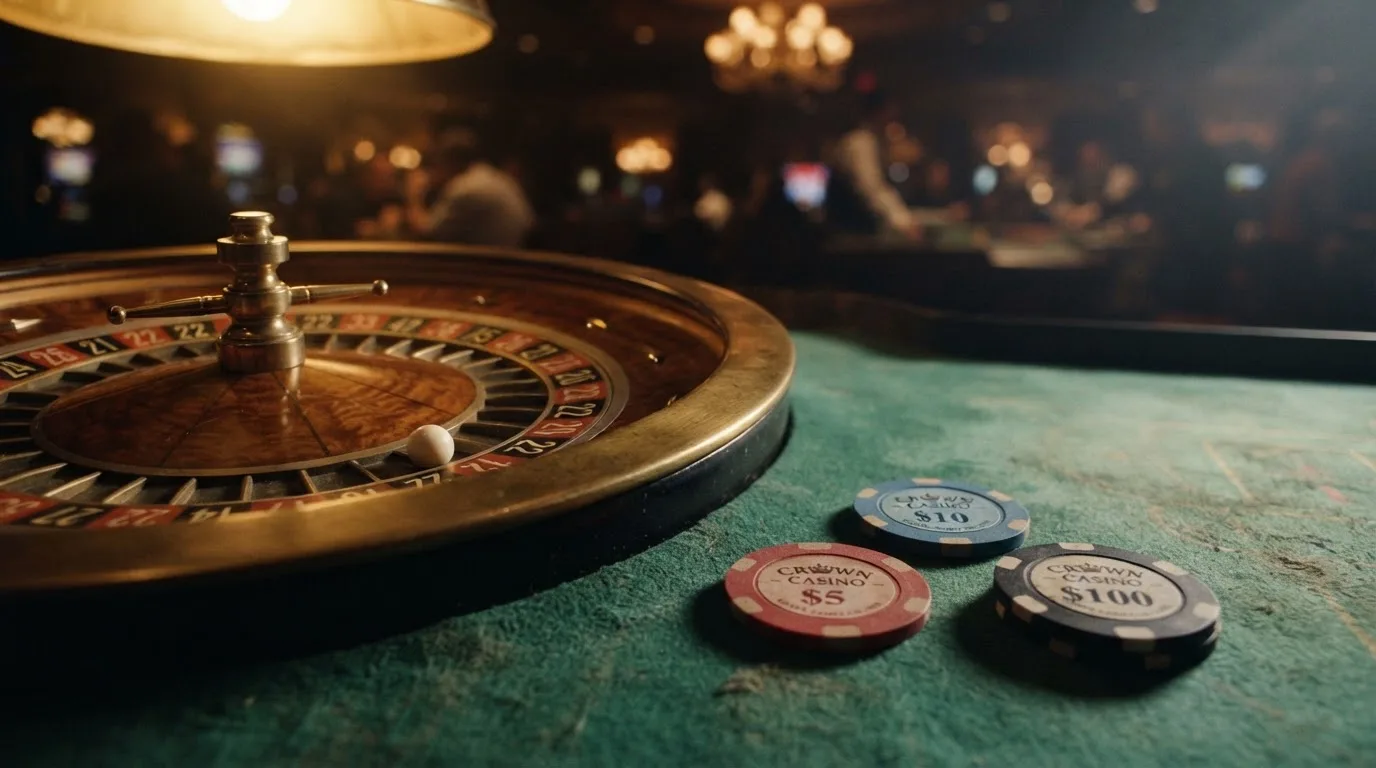 Roulettehjul och spelmarker på grön filt i varmt kvällsljus — 10 free spins casino i sverige