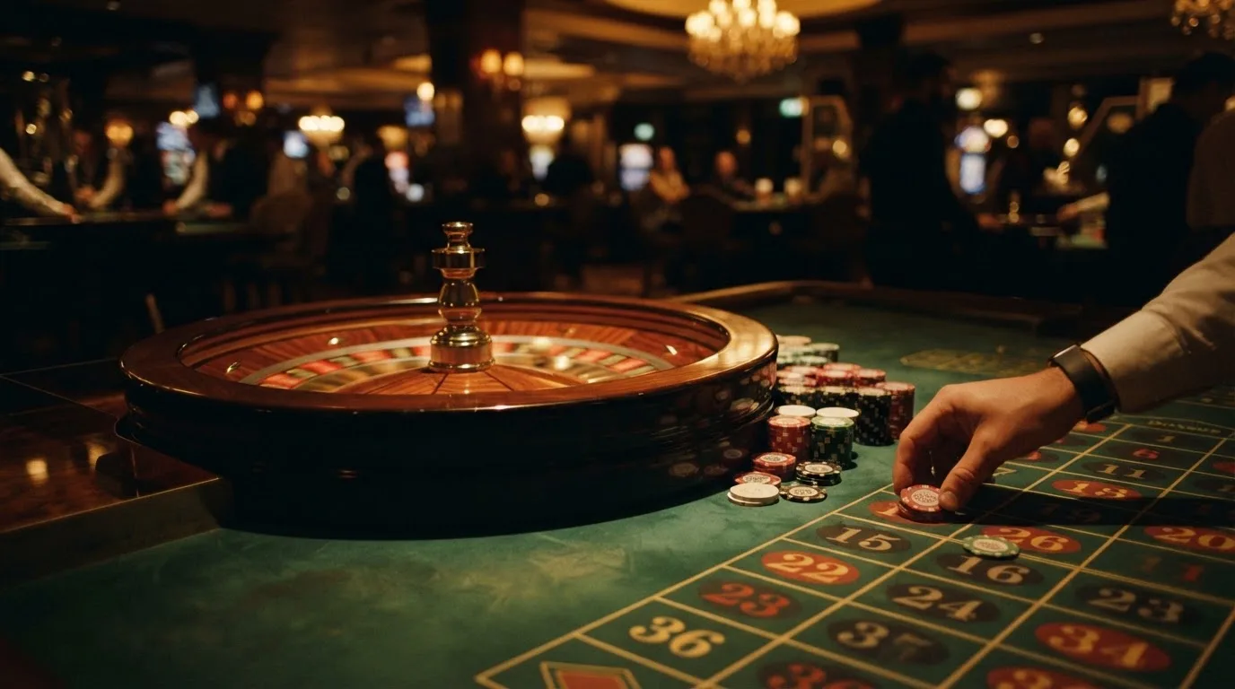 Roulettehjul och spelmarker på grön filt i varmt kvällsljus — 10 kr casino i sverige