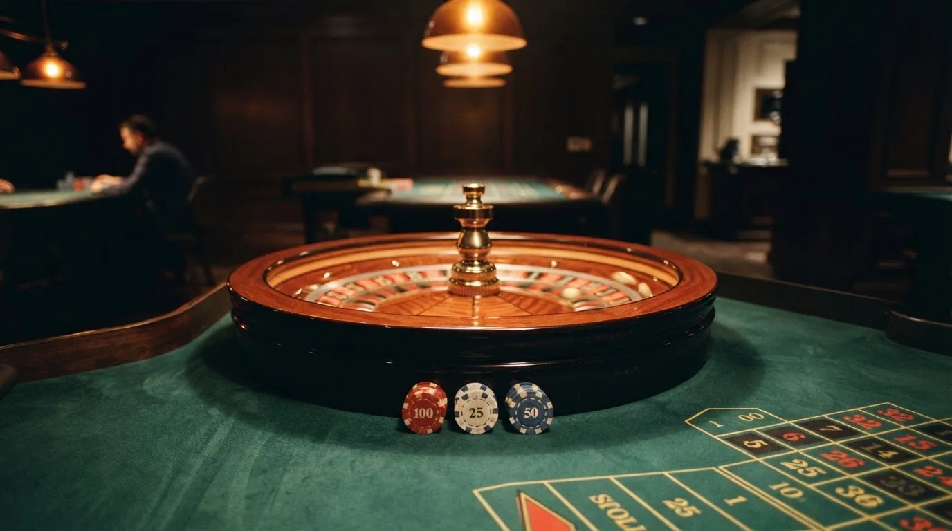 Roulettehjul och spelmarker på grön filt i varmt kvällsljus — 100 euro casino i sverige