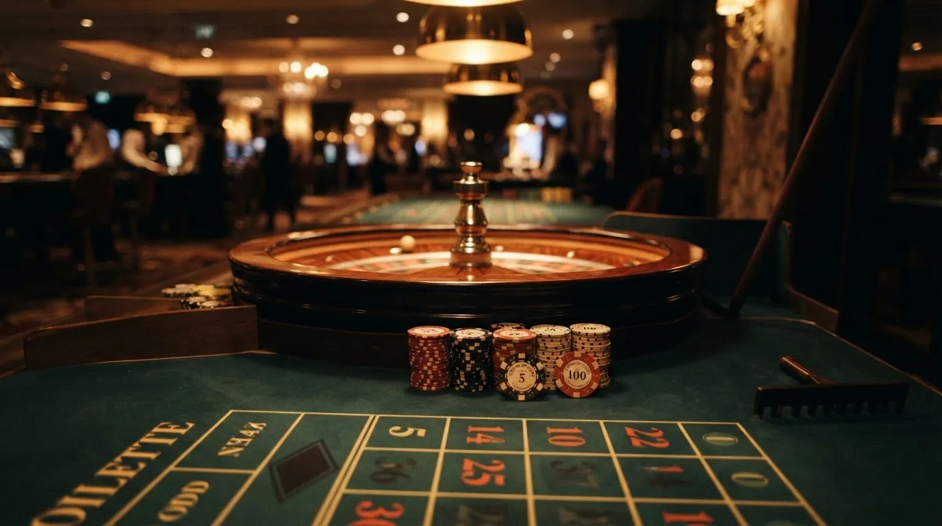 Roulettehjul och spelmarker på grön filt i varmt kvällsljus — 100 free spins casino i sverige