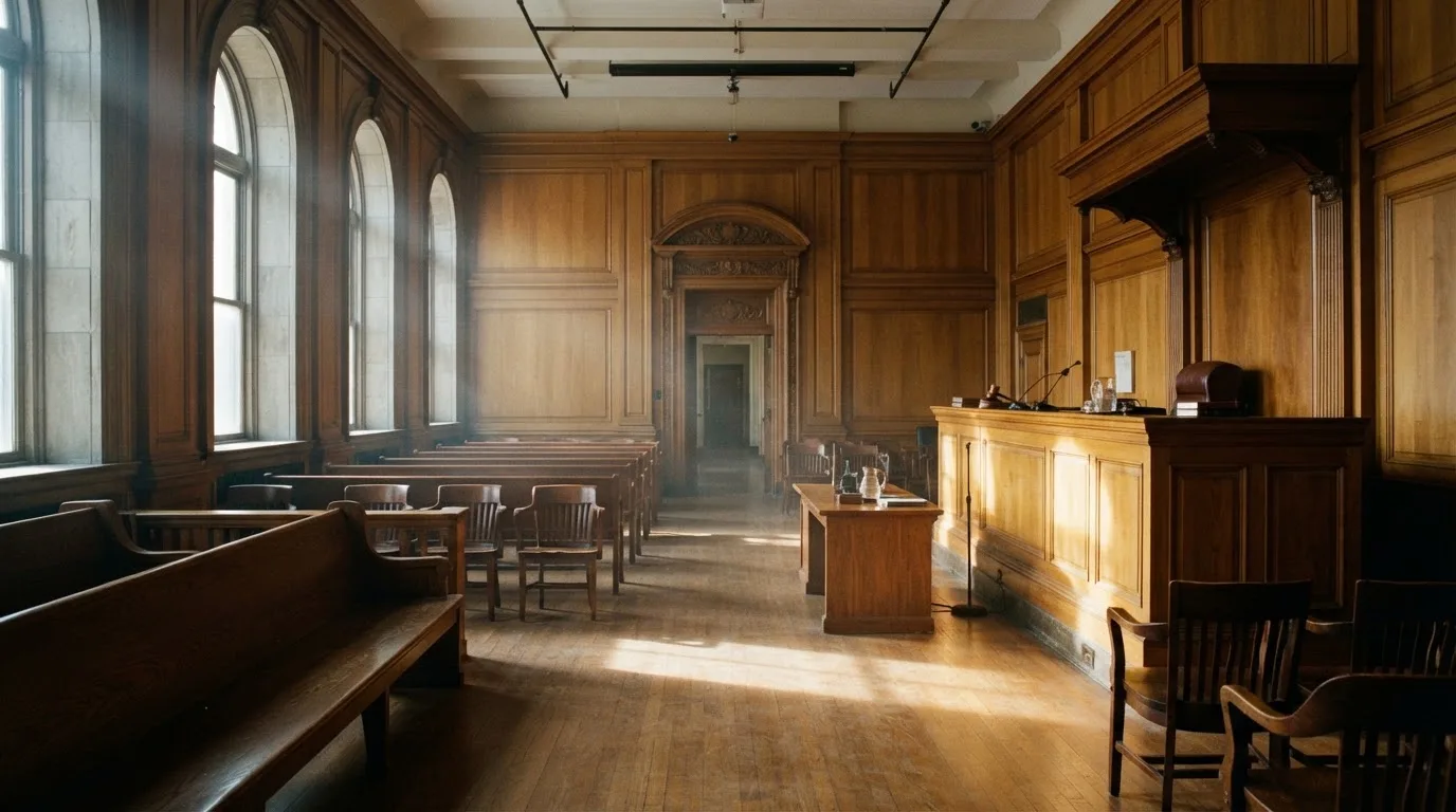 Tom domstolssal med träpaneler i morgonljus — 100 free spins casino i sverige
