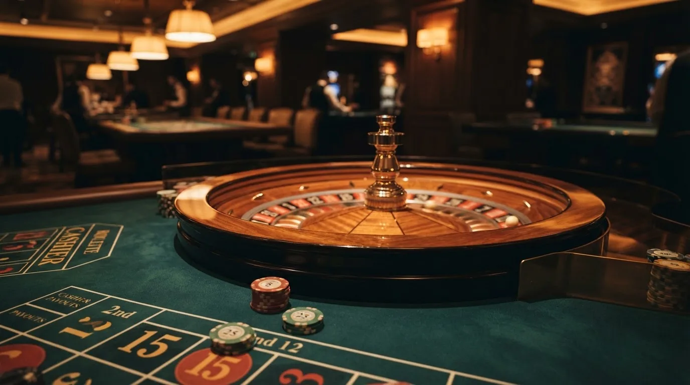 Roulettehjul och spelmarker på grön filt i varmt kvällsljus — 150 free spins casino i sverige