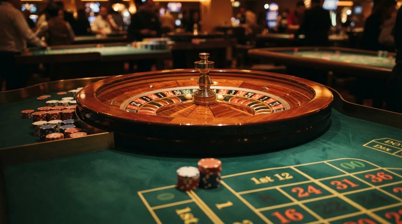 Roulettehjul och spelmarker på grön filt i varmt kvällsljus — bästa blackjack i sverige