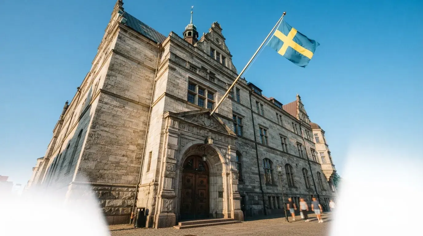 Ett gammalt stadshus i sten fotograferat underifrån mot en klarblå himmel, med den svenska flaggan som fladdrar ovanför entrén.