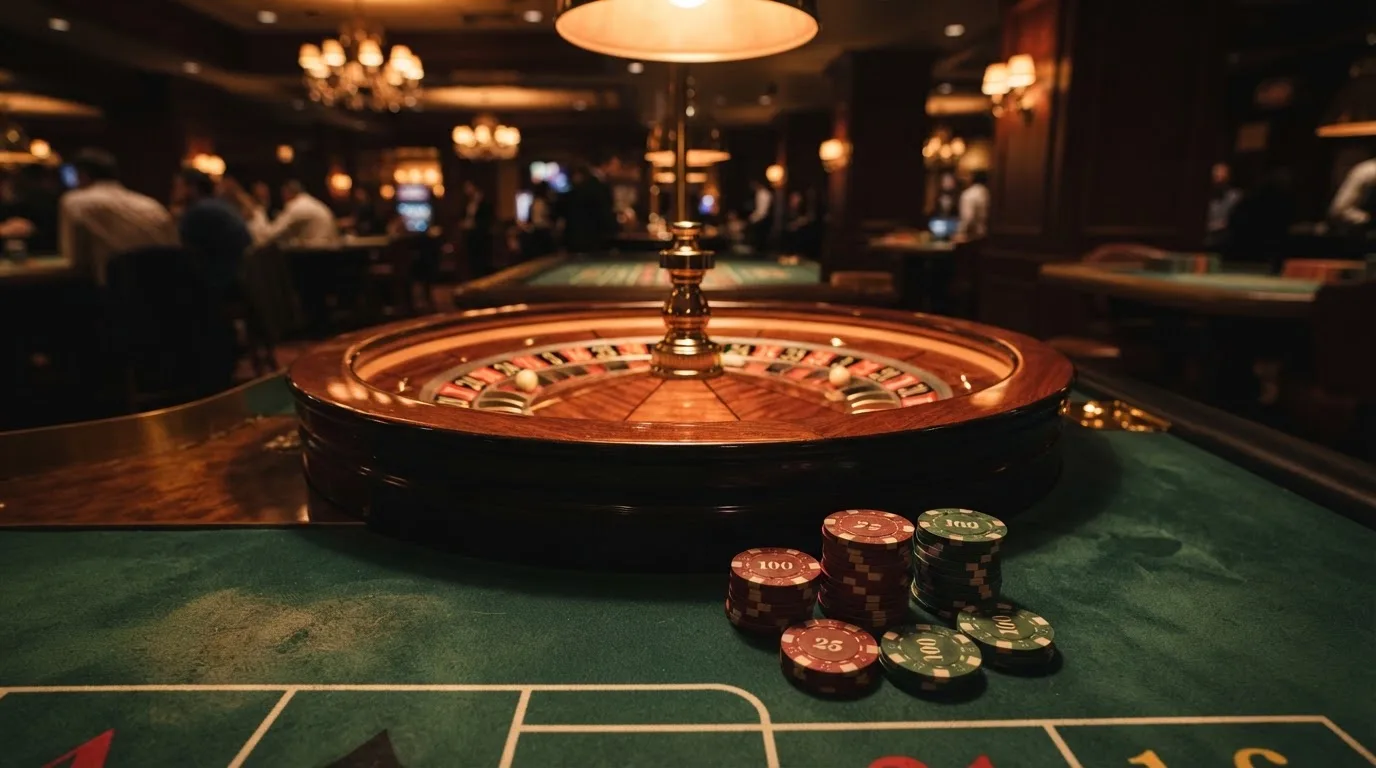 Roulettehjul och spelmarker på grön filt i varmt kvällsljus — blackjack gratis i sverige