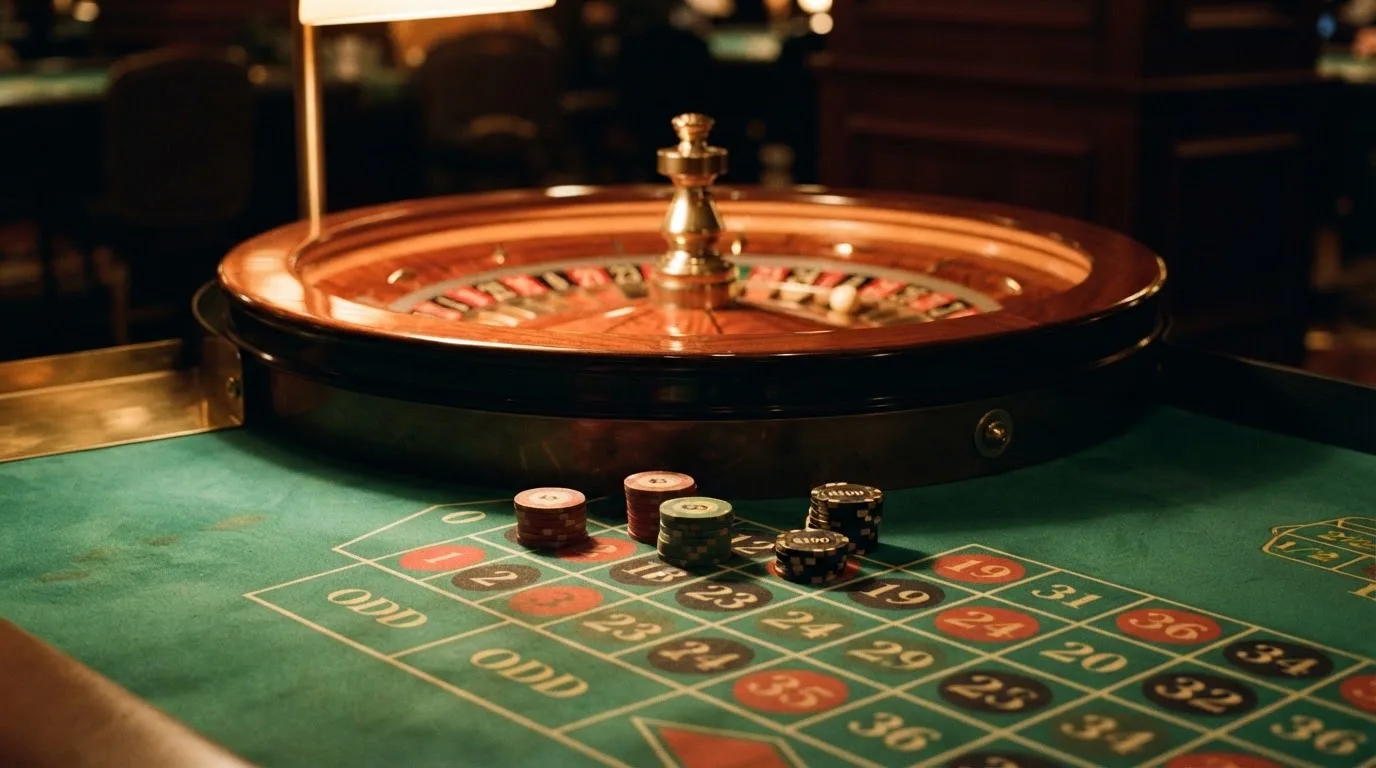Roulettehjul och spelmarker på grön filt i varmt kvällsljus — blackjack med live dealer i sverige