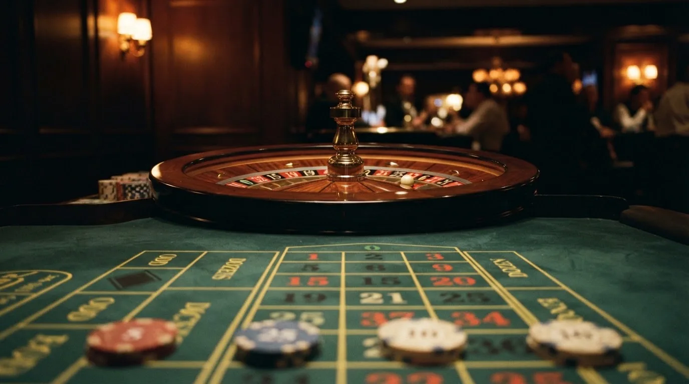 Roulettehjul och spelmarker på grön filt i varmt kvällsljus — blackjack på nätet i sverige