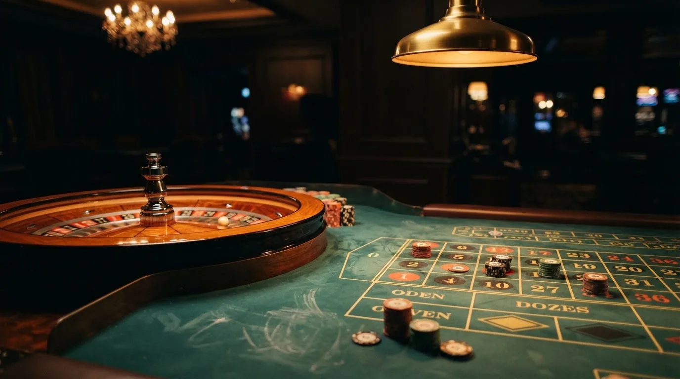 Roulettehjul och spelmarker på grön filt i varmt kvällsljus — bra svenska casinon