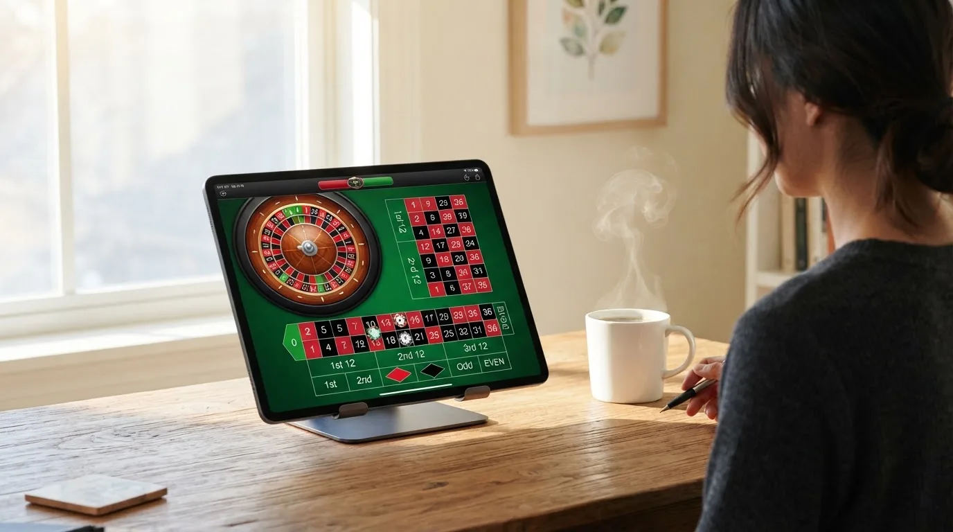 En person sitter vid ett skrivbord hemma med en surfplatta nedvänd bredvid en kopp kaffe i morgonljus.