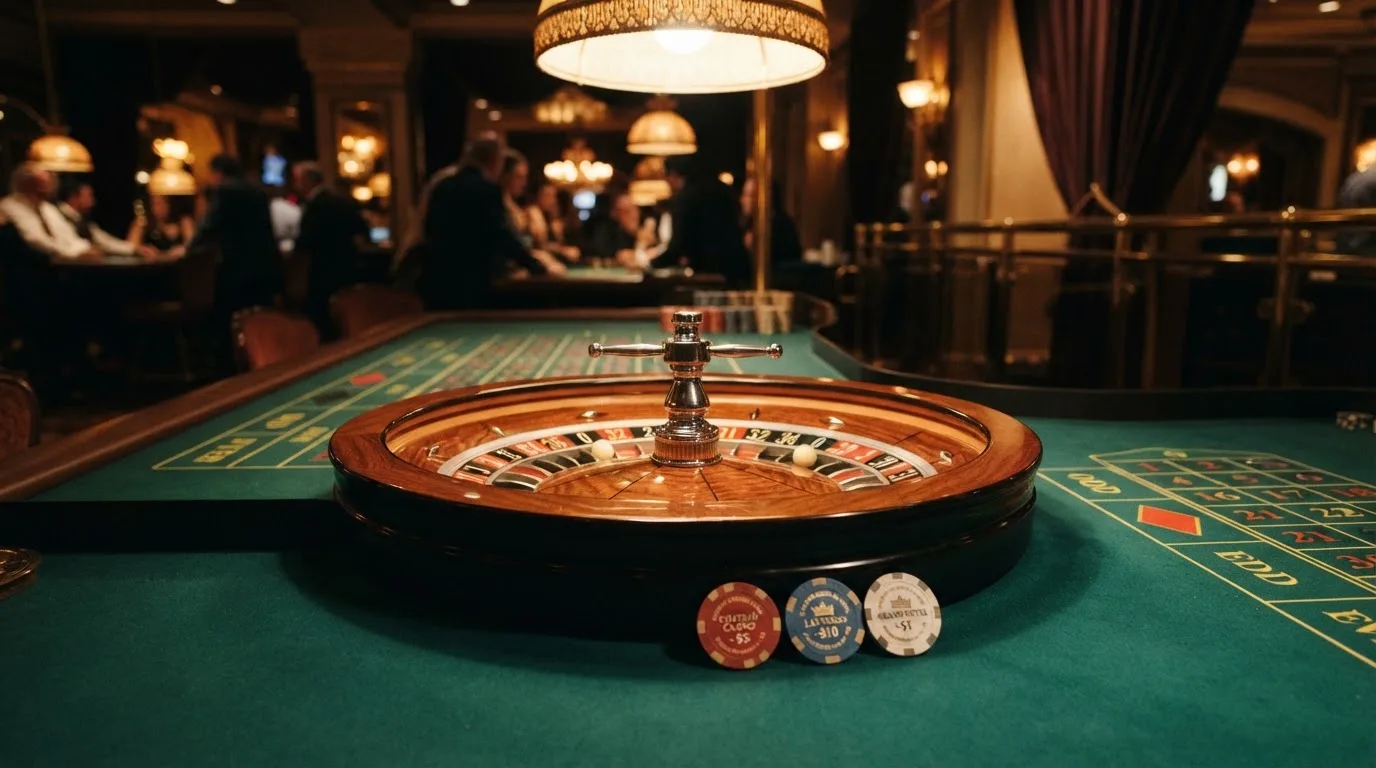 Roulettehjul och spelmarker på grön filt i varmt kvällsljus — casino regler för svenskar