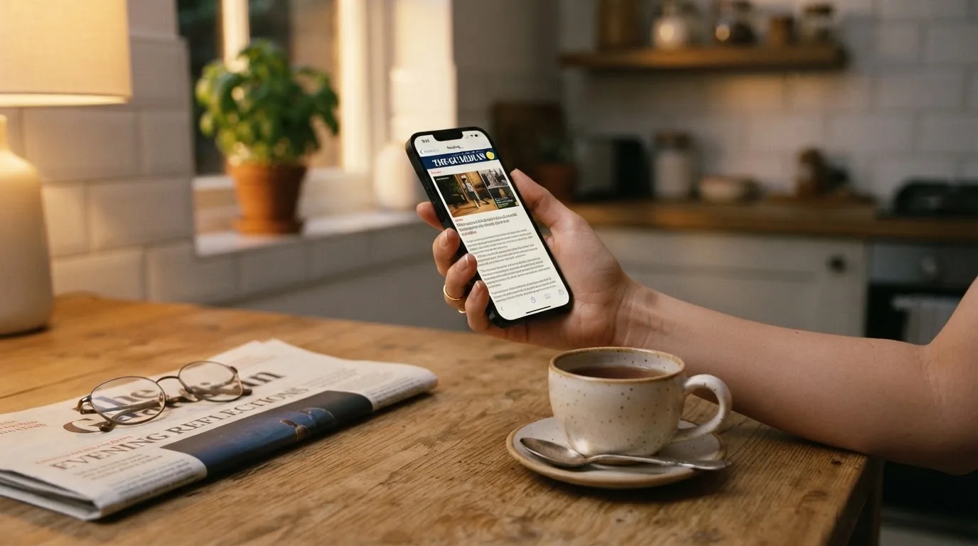 Hand håller en mobiltelefon bredvid en kopp te vid ett köksbord en lugn kväll — casino regler för svenskar