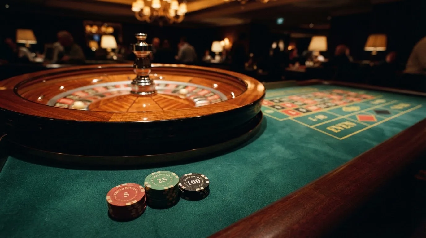 Roulettehjul och spelmarker på grön filt i varmt kvällsljus — casinon med bankid i sverige