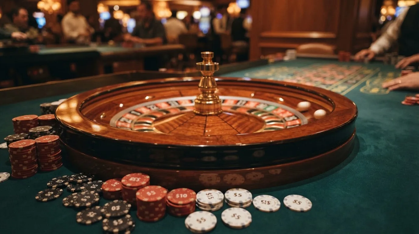 Roulettehjul och spelmarker på grön filt i varmt kvällsljus — casinon med curaçao licens
