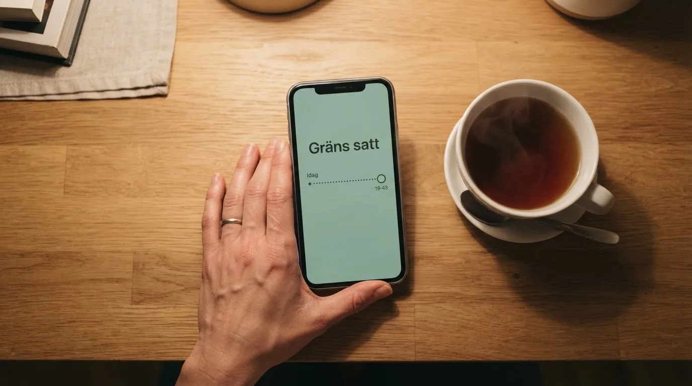 Hand håller en mobiltelefon bredvid en kopp te vid ett köksbord en lugn kväll — casinon med curaçao licens