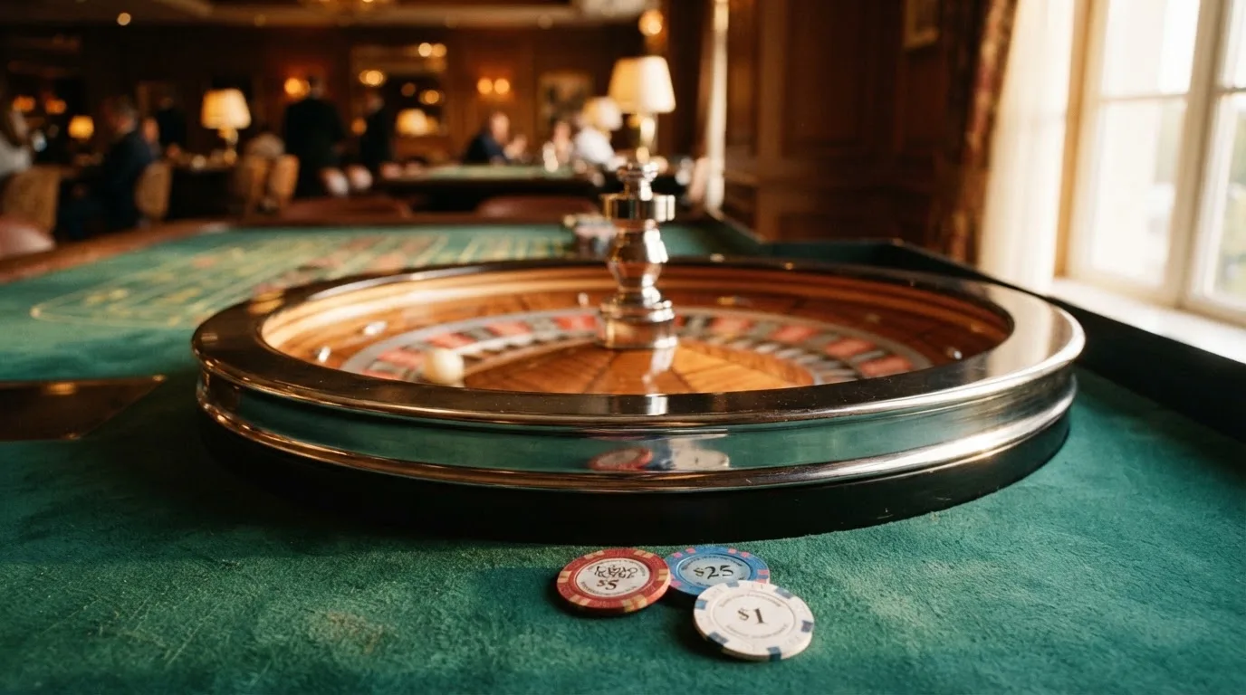 Roulettehjul och spelmarker på grön filt i varmt kvällsljus — casinon med jackpot i sverige