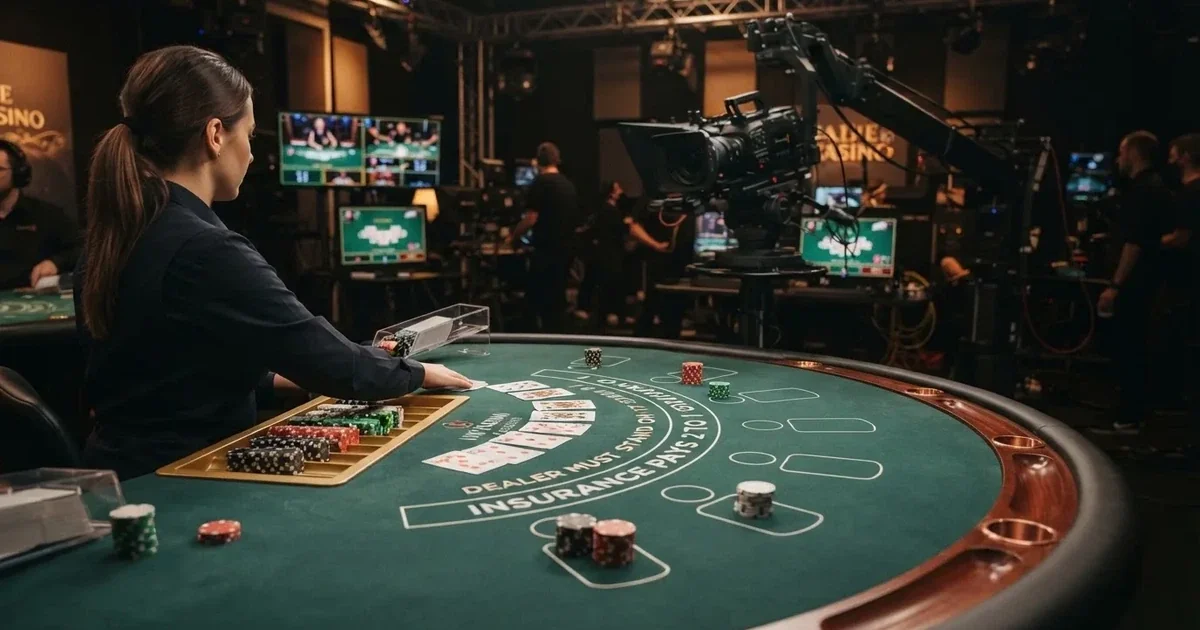 En studiomiljö med ett tomt spelbord täckt i grön filt, kortlekar och marker prydligt uppradade i mjuk belysning.