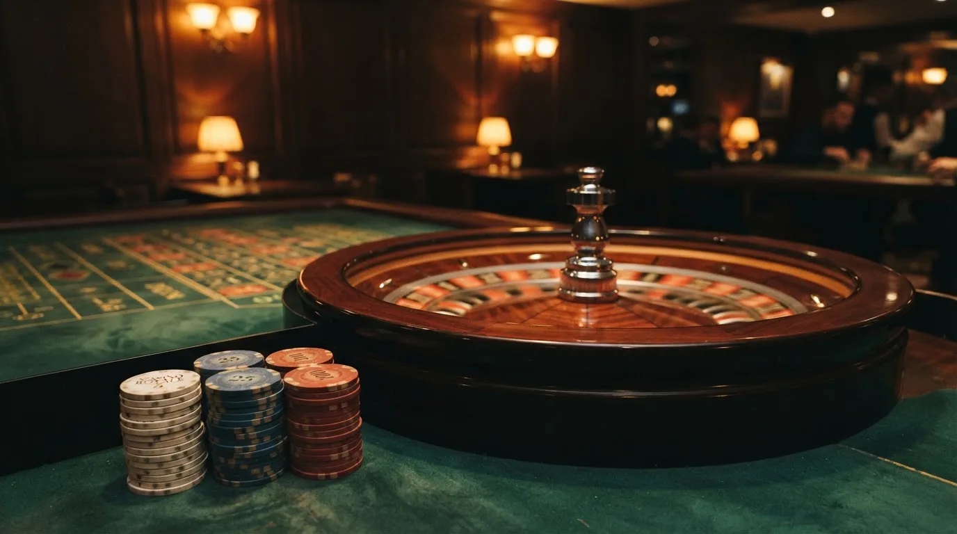 Roulettehjul och spelmarker på grön filt i varmt kvällsljus — casinon med slots i sverige