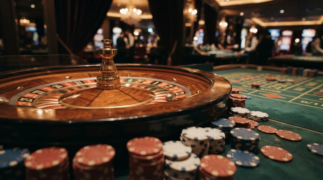 Roulettehjul och spelmarker på grön filt i varmt kvällsljus — casinon med uttag i sverige