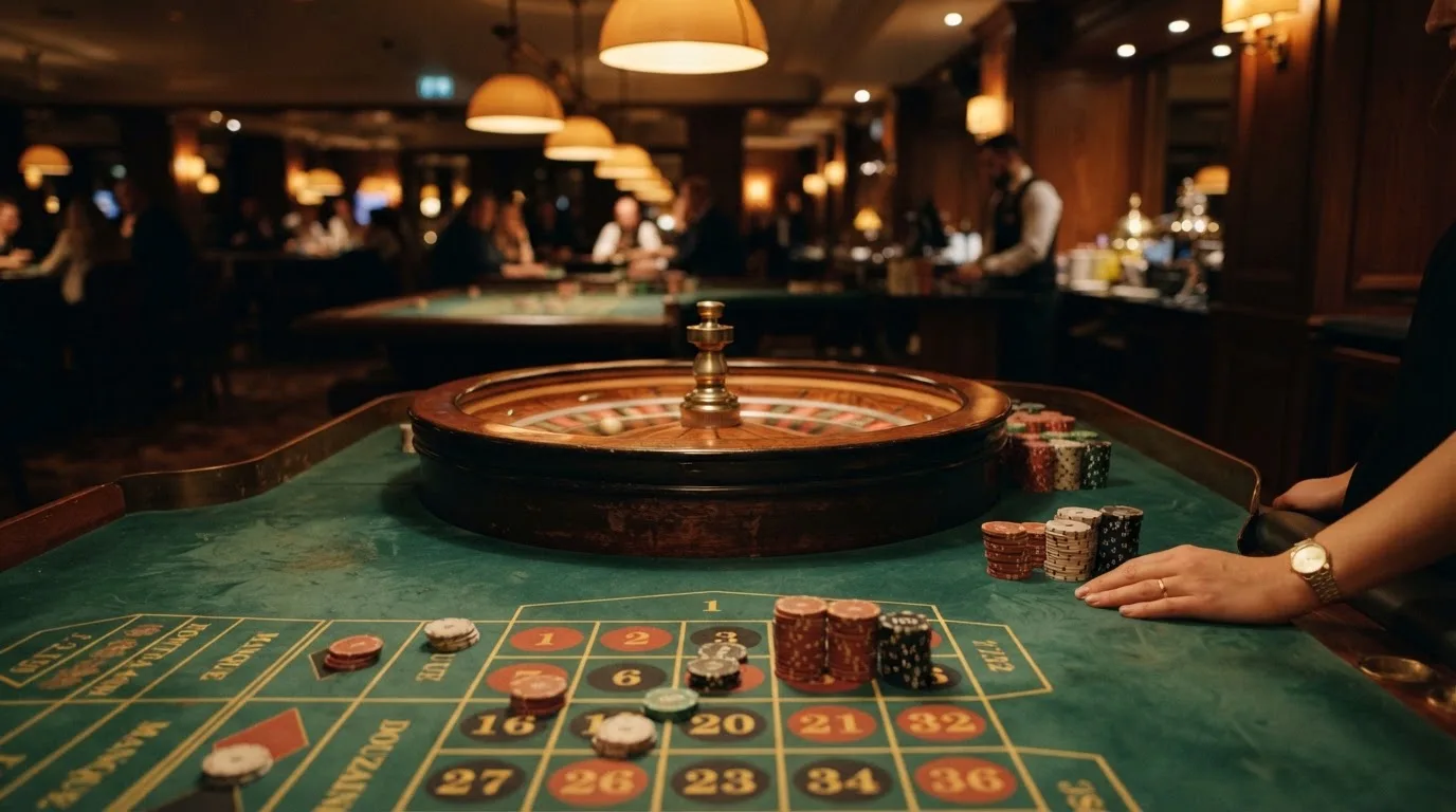 Roulettehjul och spelmarker på grön filt i varmt kvällsljus — casinon utan bankid i sverige