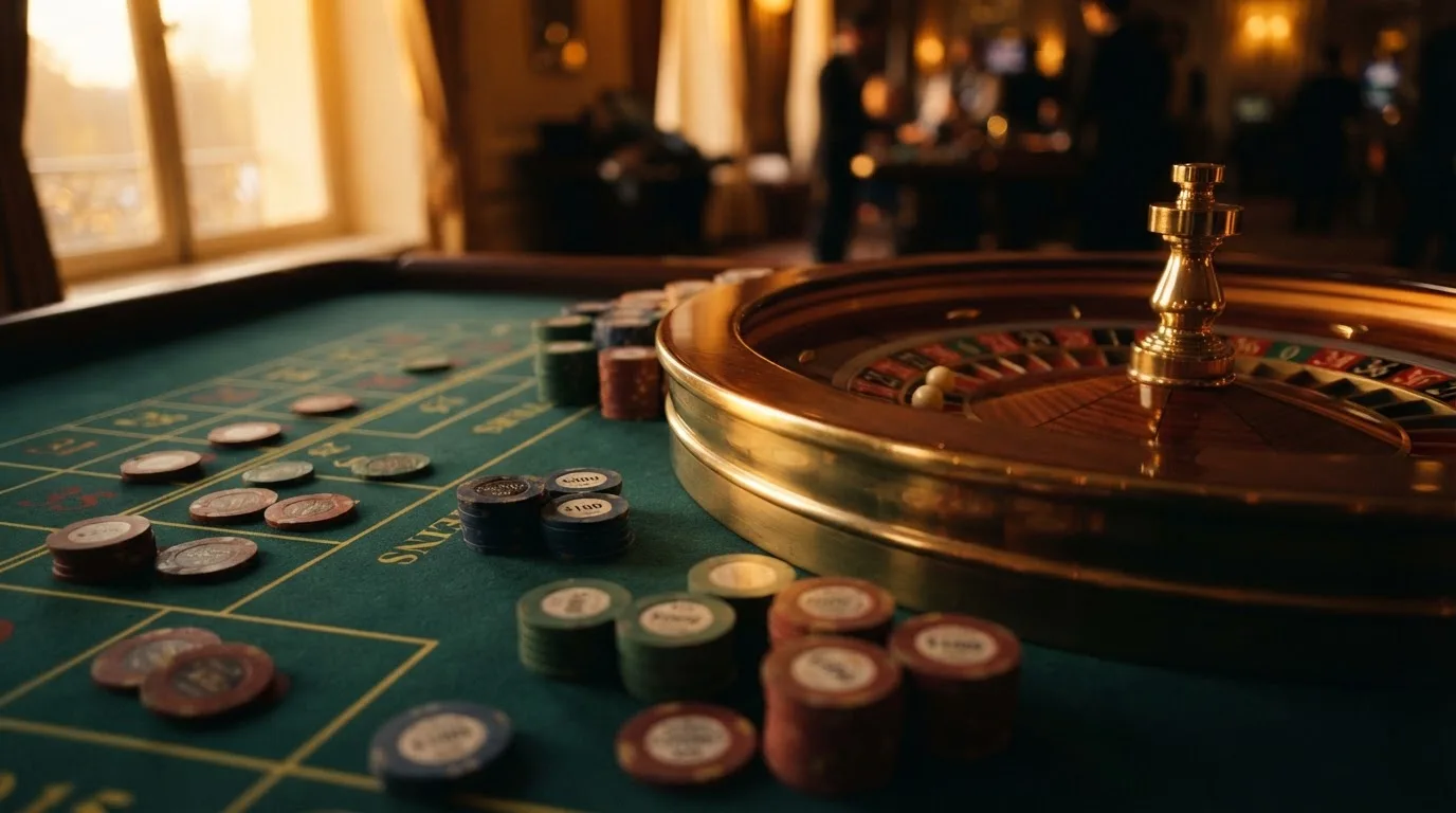 Roulettehjul och spelmarker på grön filt i varmt kvällsljus — casinon utan spelgräns i sverige