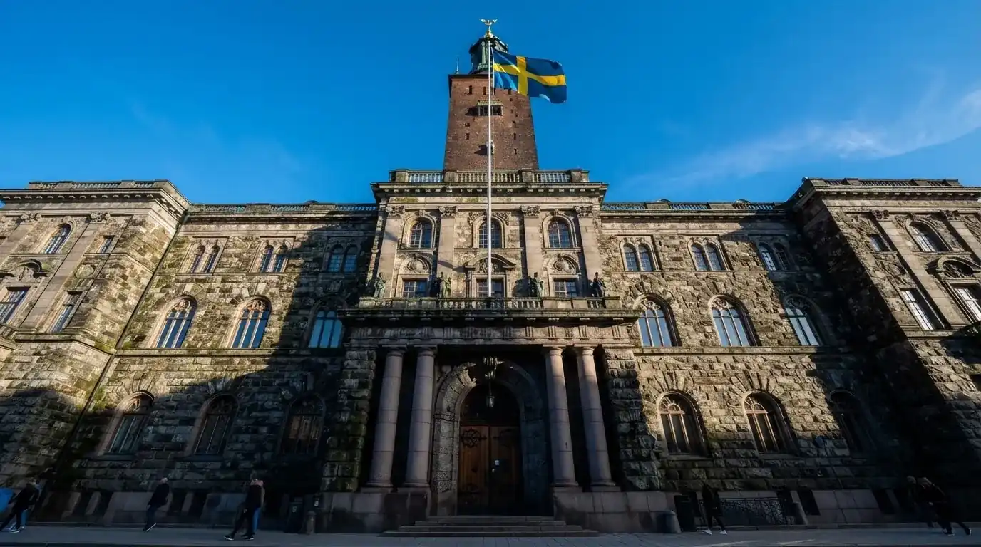 Ett gammalt stadshus i sten fotograferat underifrån mot en klarblå himmel, med den svenska flaggan som fladdrar ovanför entrén.