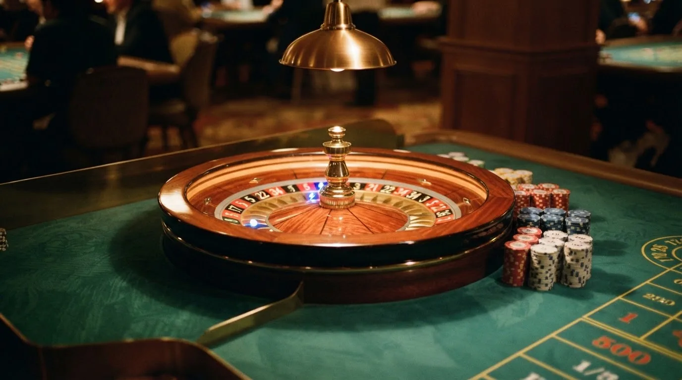 Roulettehjul och spelmarker på grön filt i varmt kvällsljus — lightning roulette i sverige