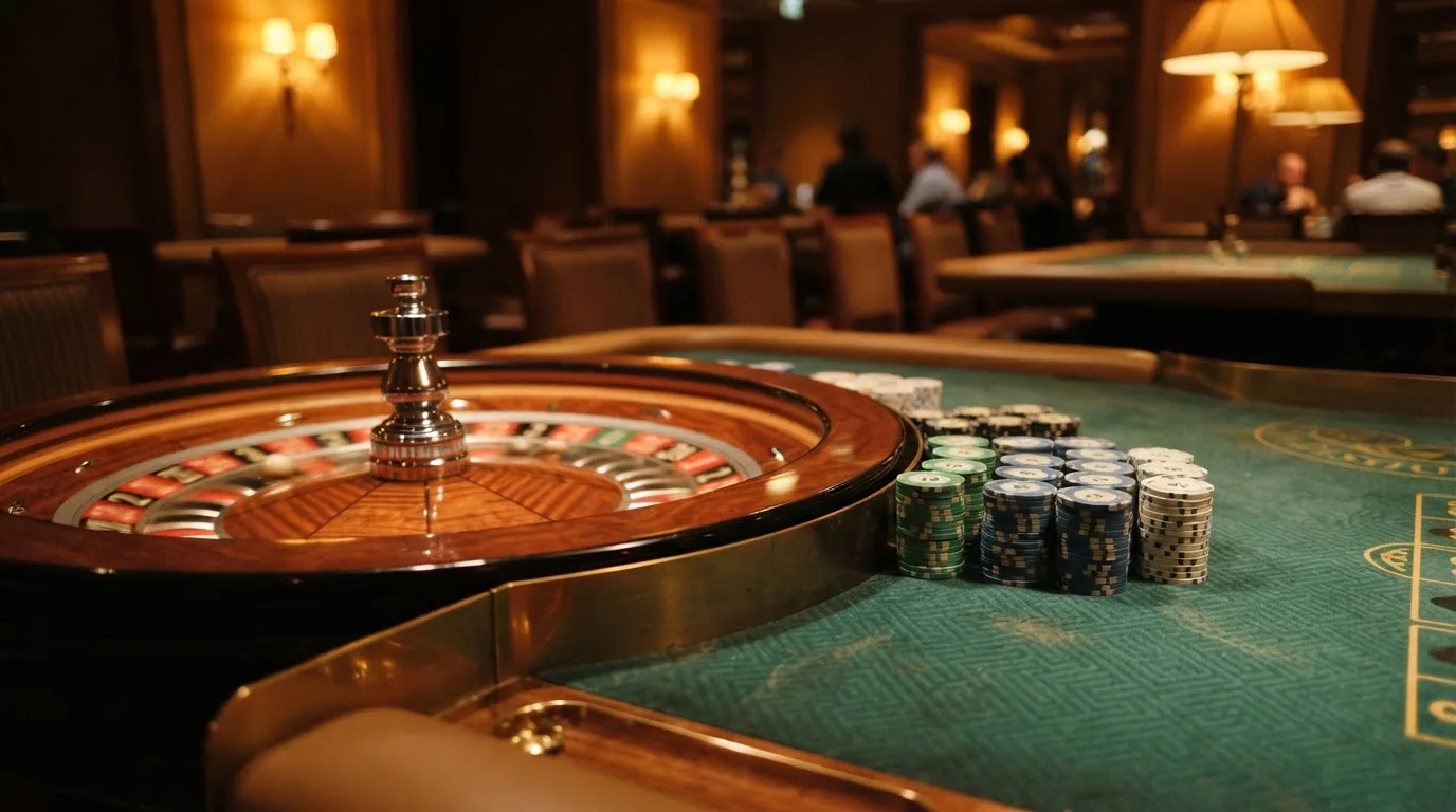 Roulettehjul och spelmarker på grön filt i varmt kvällsljus — live blackjack i sverige