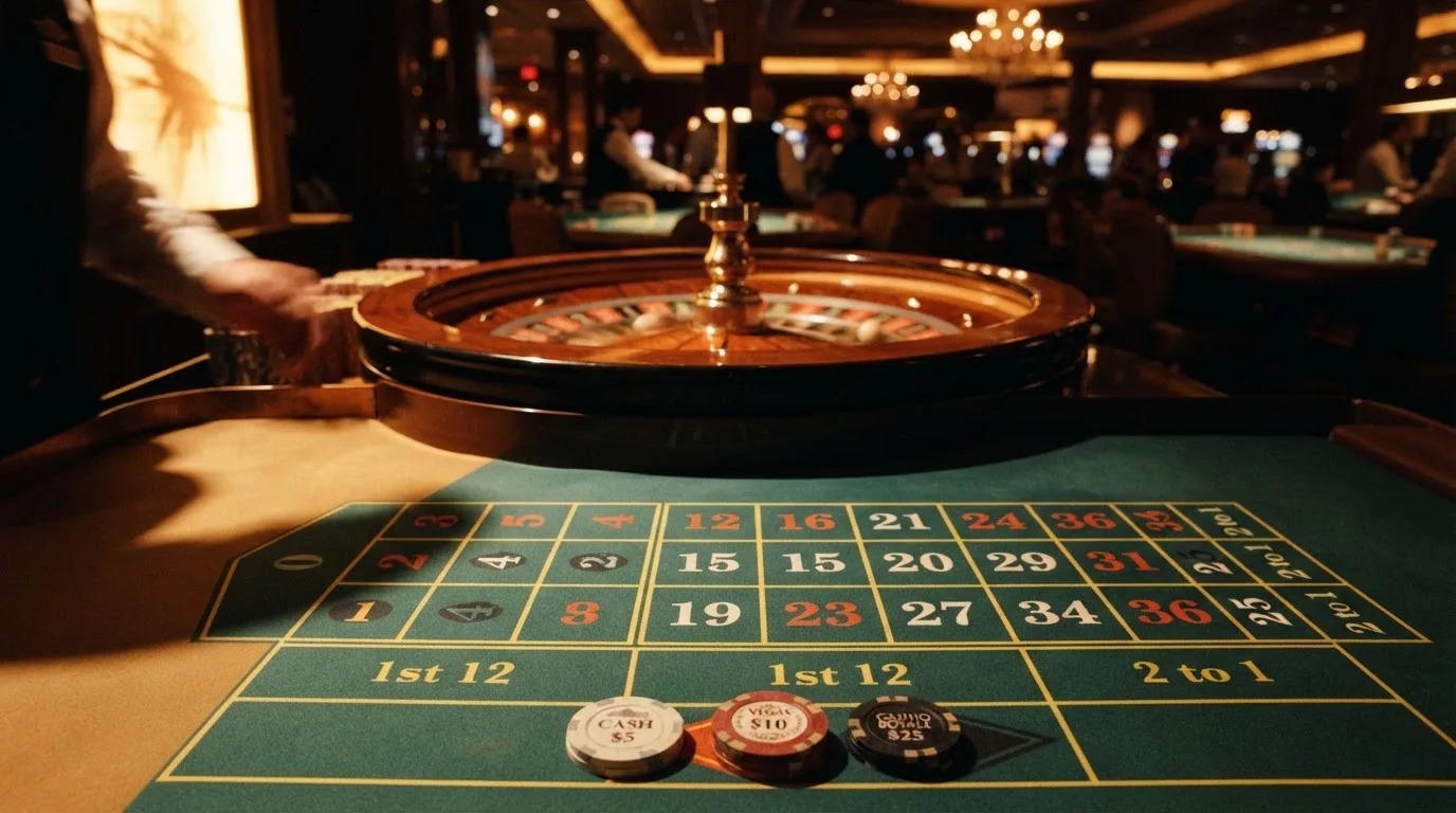 Roulettehjul och spelmarker på grön filt i varmt kvällsljus — svenska casinon med bitcoin