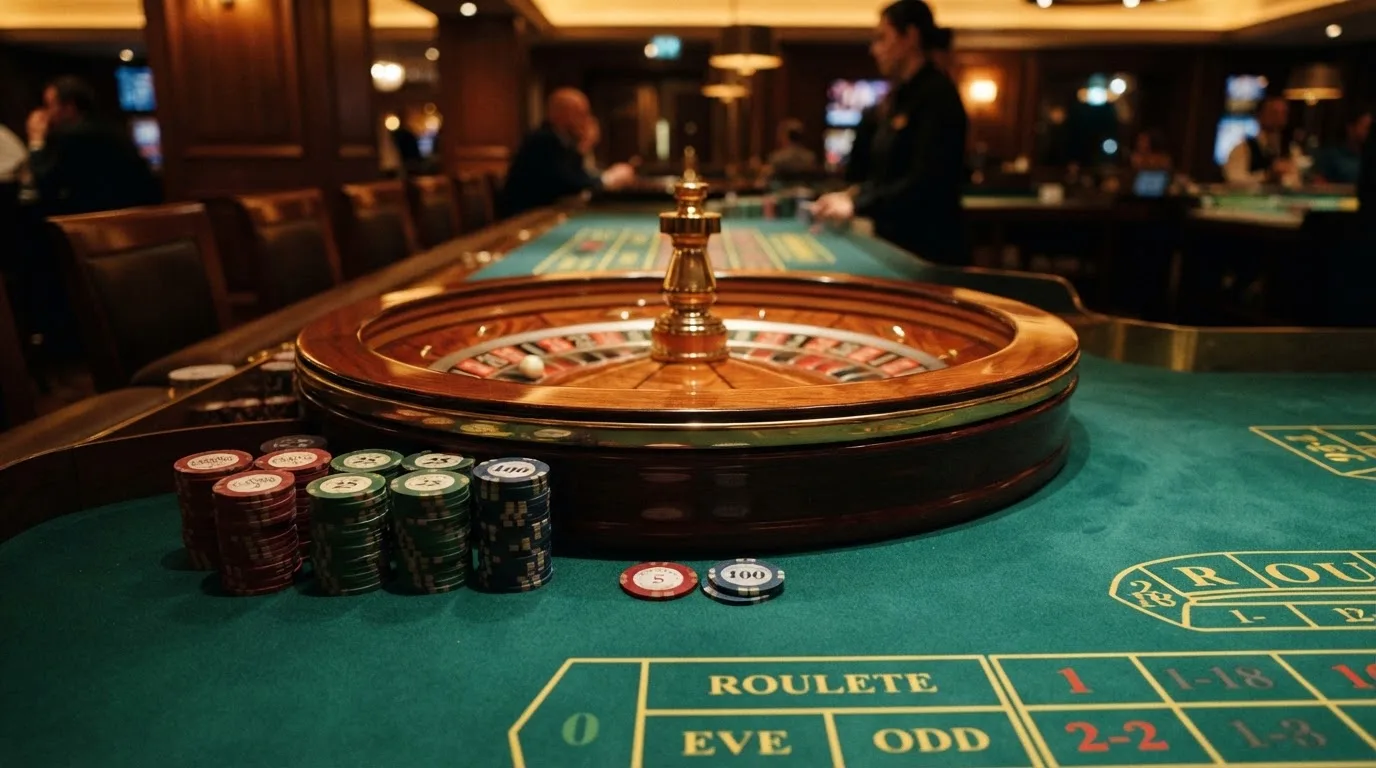 Roulettehjul och spelmarker på grön filt i varmt kvällsljus — svenska casinon med dogecoin