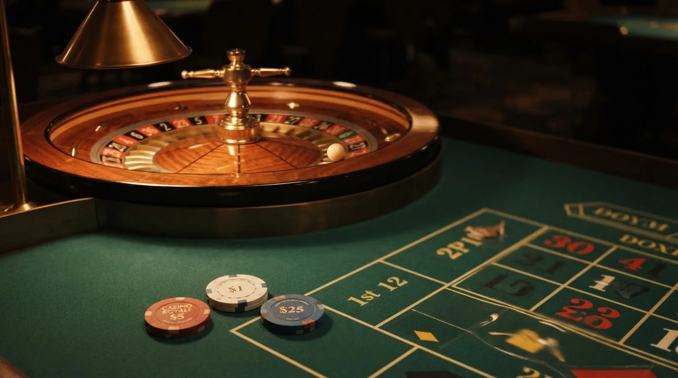 Roulettehjul och spelmarker på grön filt i varmt kvällsljus — svenska casinon på android